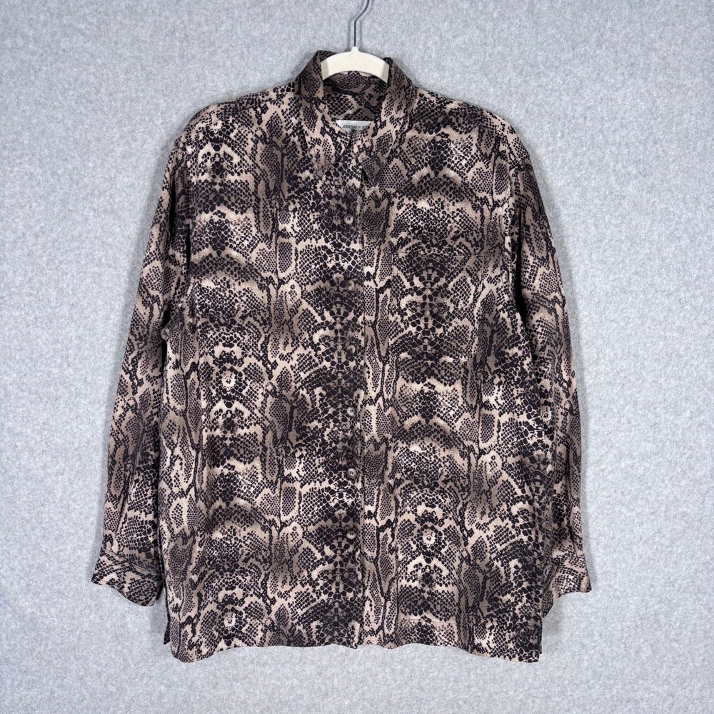 Y2K 90s Jones New York Snake Print Button Up Shirt Small Brown Glam Funky USA